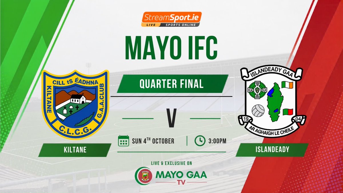 MayoGAA's tweet photo. HT Mayo GAA Egan Jewellers IFC:

@KiltaneGAA 2-06
@IslandeadyGAA 0-06

Watch the second half live now 👇
￼
📺 https://t.co/4jOANcJhlW #mayogaa https://t.co/XxbtKKD2it