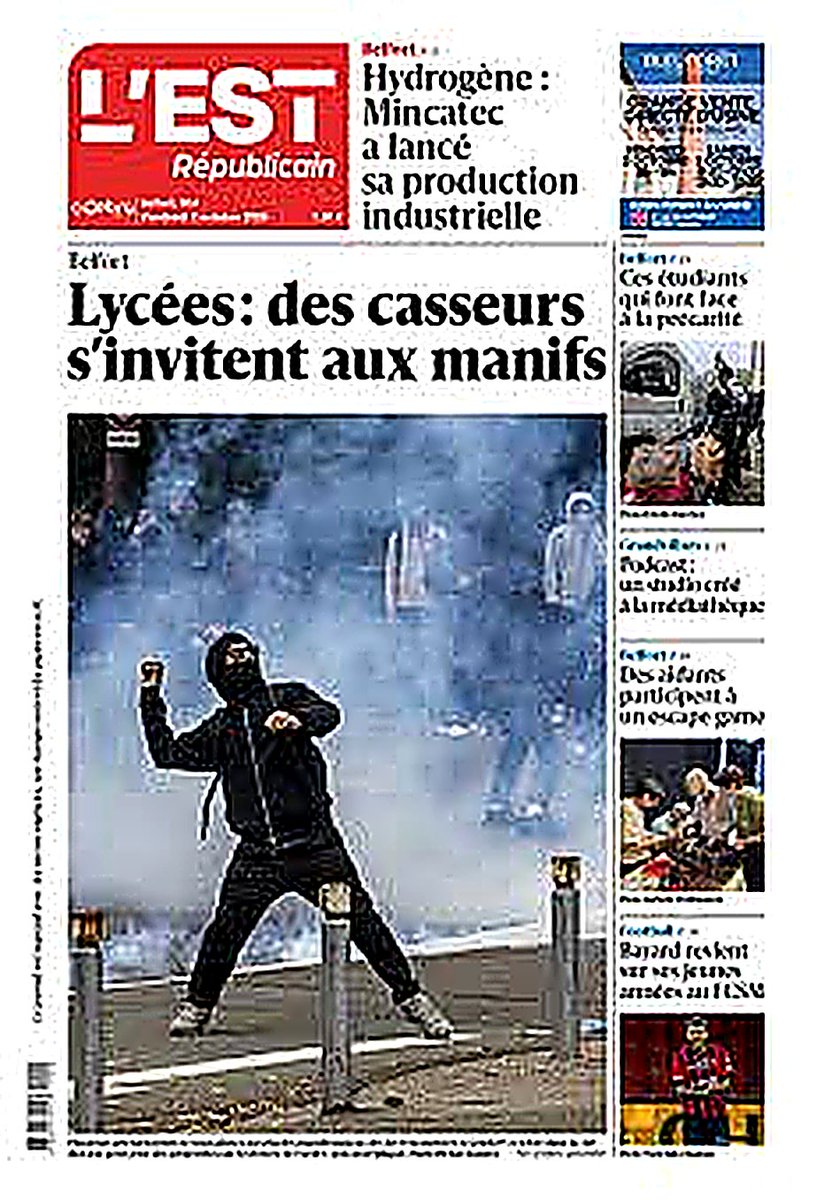 AmauryBucco's tweet photo. 🔴 @Valeurs | Policier tabassé et accusé d'avoir noyé un manifestant à Belfort :

Le procureur de la République révèle ce dimanche que le mineur interpellé est un casseur visible sur cette une de L'Est Républicain (une photo retrouvée dans son téléphone, sur laquelle il a reconnu être lui), et qu'il a activement pris part aux émeutes les jours précédents.

Il s'agit d'un jeune de 17 ans, de nationalité bulgare, inconnu de la police jusque-là. Il a été interpellé vendredi soir et placé en garde à vue.

Face aux enquêteurs, interrogé sur une hypothétique tentative de noyade de la part du policier, il a contesté cette accusation. Le cours d'eau en question, presque à sec en cette période, présente par ailleurs une profondeur maximale de seulement 19 cm (moins que la largeur d'une feuille A4).

Il a aussi expliqué avoir pris part aux émeutes pour ne pas aller en cours, et reconnu avoir porté deux coups à la tête du policier, une fois celui-ci mis à terre.

Ce mineur s'était lui-même approché du cours d'eau, a-t-il raconté, pour se laver les mains après qu'un œuf s'était brisé dans sa poche. Les policiers ont toutefois noté que des émeutiers se rendaient dans le lit de ce ruisseau pour y ramasser des pierres et les jeter sur les forces de l'ordre.

Une information judiciaire a été ouverte pour violences aggravées par plusieurs circonstances (et non plus pour tentative d'homicide).

Le policier lynché s'est vu attribué 8 jours d'ITT à ce stade.