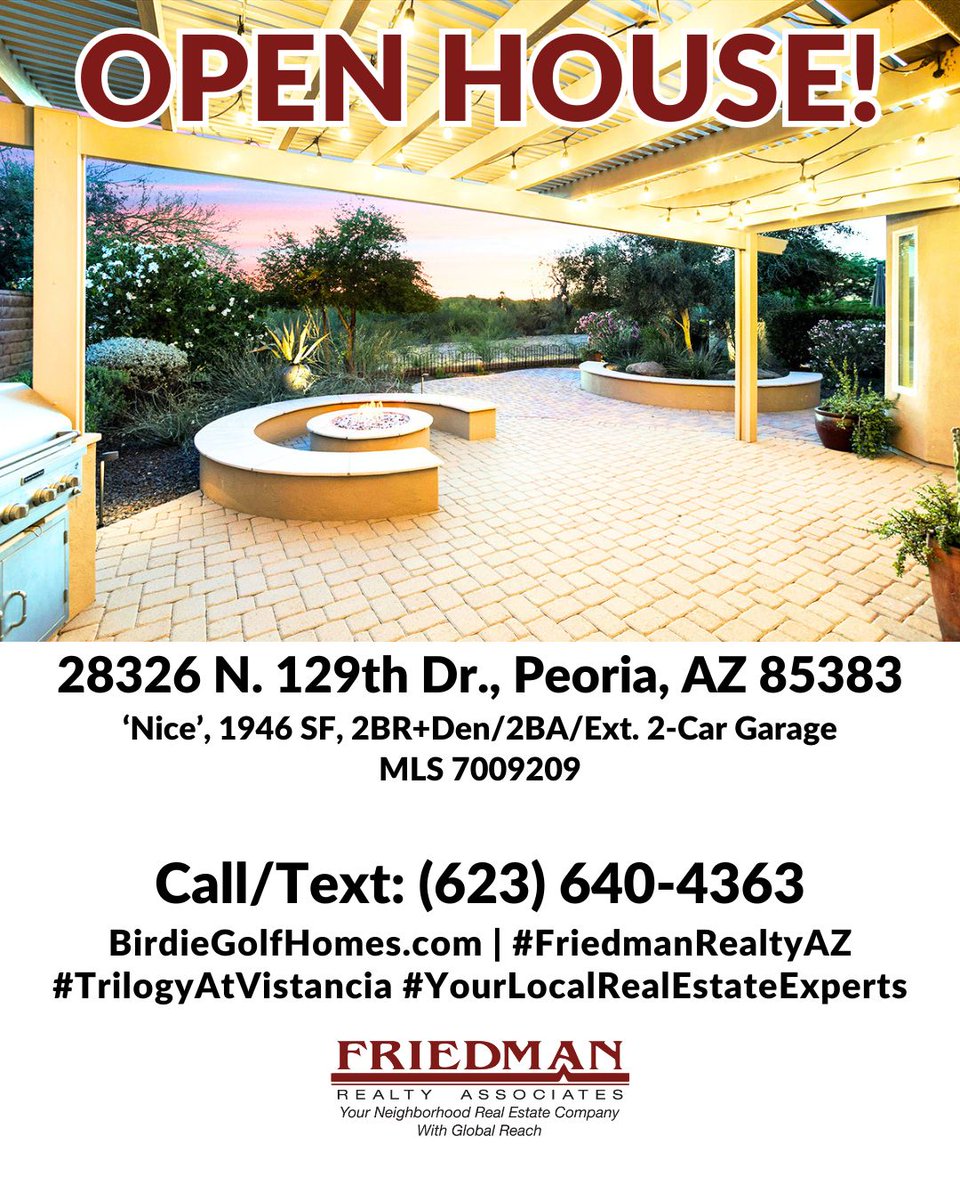 FriedmanRealty's tweet photo. #OPENHOUSE SUN., 10/4, 11AM–2PM
28326 N. 129th Dr. #TrilogyAtVistancia #PeoriaAZ
‘Nice’, 1950 SF, 2BR+Den/2BA/Ext. 2-Car Gar.
SEE IT: https://t.co/C3KdEGMz32
623-640-4363
#PeoriaHomesforsale #homesforsaleinPeoriaAZ #FriedmanRealtyAZ #yourlocalrealtors #yourlocalRealEstateExpert https://t.co/vBnioEDPWT