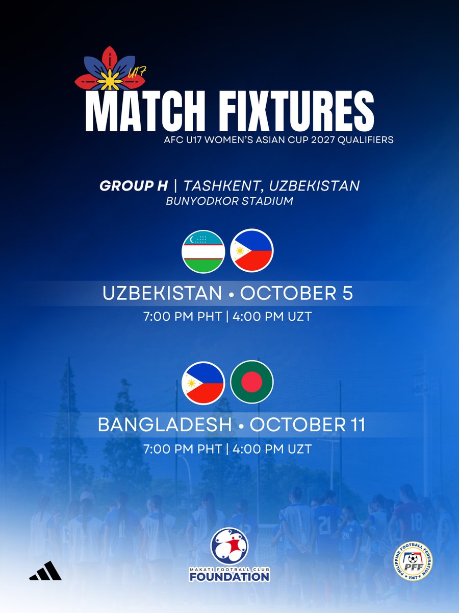 pilipinasynt's tweet photo. Support the #FilipinasU17 as they are set to shine on the Asian stage once again!

🆚 Uzbekistan
🗓️ October 5, Monday
⏰ 7:00pm PHT/4:00pm UZT

🆚 Bangladesh
🗓️ October 11, Sunday
⏰ 7:00pm PHT/4:00pm UZT

📍 Tashkent, Uzbekistan
🏟️ Bunyodkor Stadium

#TheJourneyContinues https://t.co/WkXqjk36e1