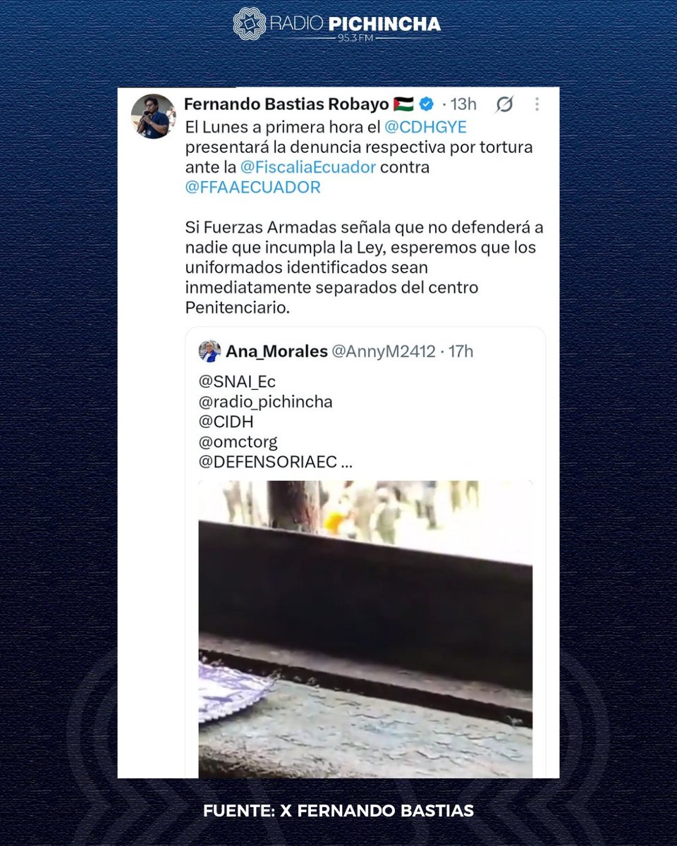 radio_pichincha's tweet photo. 🔴 #ATENCIÓN | El Comité Permanente por la Defensa de los Derechos Humanos de Guayaquil (CDH-GYE) prevé presentar este lunes, 5 de octubre de 2026, una denuncia ante la Fiscalía por un presunto caso de tortura en la cárcel de Esmeraldas, que involucraría a miembros de las Fuerzas Armadas. El defensor de Derechos Humanos Fernando Bastias señaló que solicitarán una investigación para determinar responsabilidades y que, de identificarse a los uniformados involucrados, se evalúe su separación del centro penitenciario conforme a los procedimientos establecidos.
#LaRadioDeLasNoticias