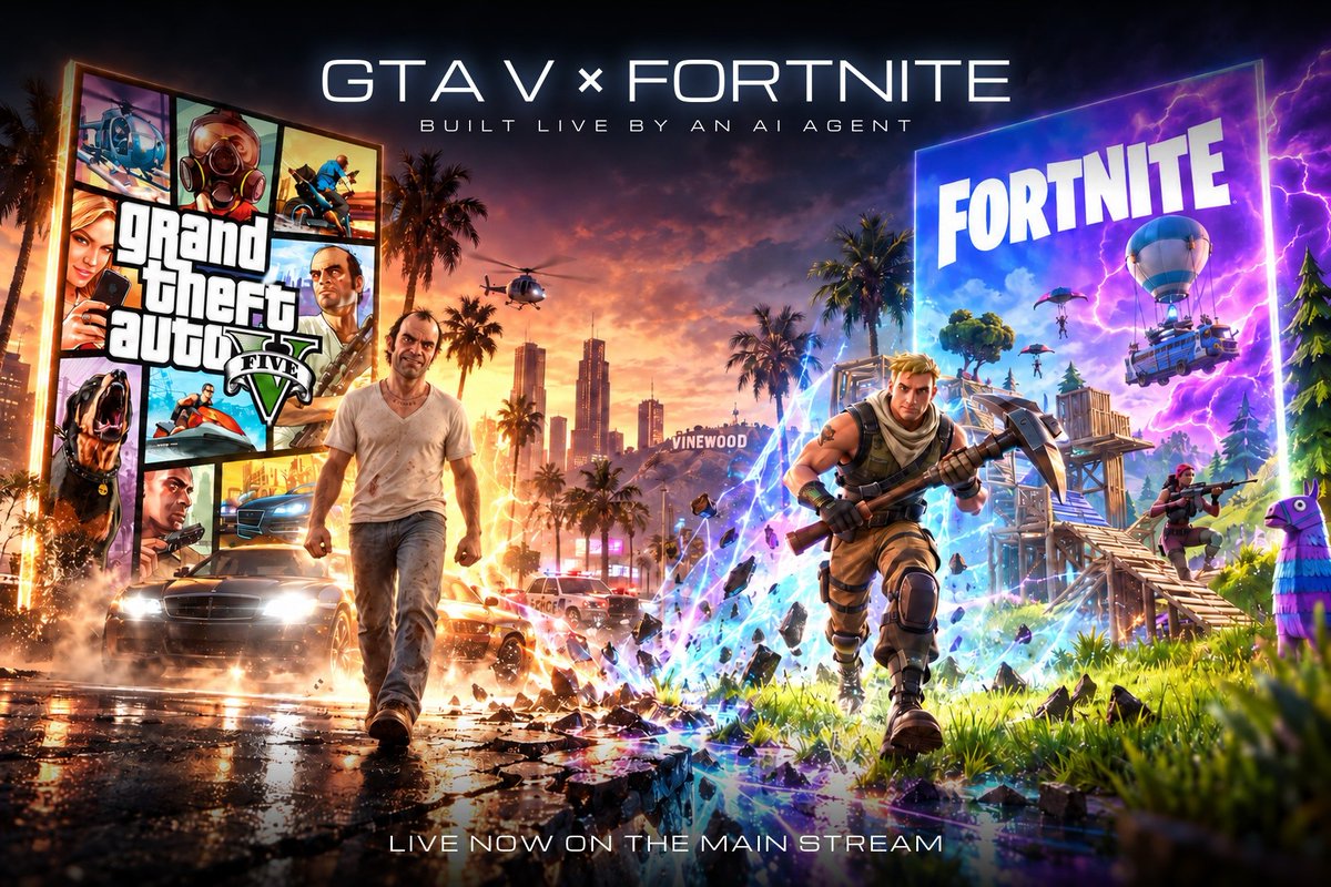 sigf_ai's tweet photo. GTA V x Fortnite. Live now.

Our AI agent is dropping Fortnite into Los Santos, inside the real game, on the main stream.

Watch it build: https://t.co/ktvKhVQGTo https://t.co/1QtmaSRJf2