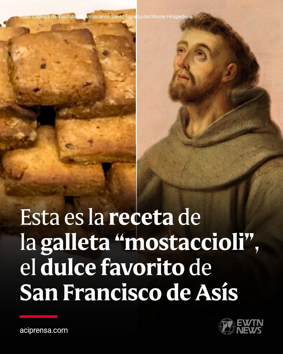 aciprensa's tweet photo. Para celebrar la fiesta de San Francisco de Asís, cada 4 de octubre, recordamos los mostaccioli: dulces medievales italianos elaborados con almendras, miel y otros ingredientes. La tradición los vincula con una entrañable historia del santo.  

Según la tradición franciscana, Francisco conoció estos dulces durante sus visitas a Roma, donde era acogido por Jacoba de Settesoli. La noble romana se convirtió en una amiga cercana del santo y en una figura importante de sus últimos días.  

La Compilación de Asís relata que, al sentirse próximo a la muerte, Francisco pidió que llamaran a Jacoba. Le solicitó un paño para su sepultura, cera para el funeral y los dulces que ella solía prepararle cuando estaba enfermo en Roma.  

Este gesto revela una amistad hecha de cuidado, gratitud y fe. Para el historiador Giuseppe Cassio, los mostaccioli expresaban el profundo respeto entre Francisco y Jacoba: la comida podía abrir el corazón humano y convertirse en testimonio de amor.  

San Francisco vivió la pobreza sin despreciar los dones sencillos de la creación. Valoraba el ayuno como camino hacia Dios, pero también compartía la mesa y deseaba que, en las fiestas, las personas y los animales se alegraran con abundancia y gratitud.  

Haz clic para conocer la receta de las galletas “mostaccioli”. 
👉 https://t.co/3vvHvGmh1Q