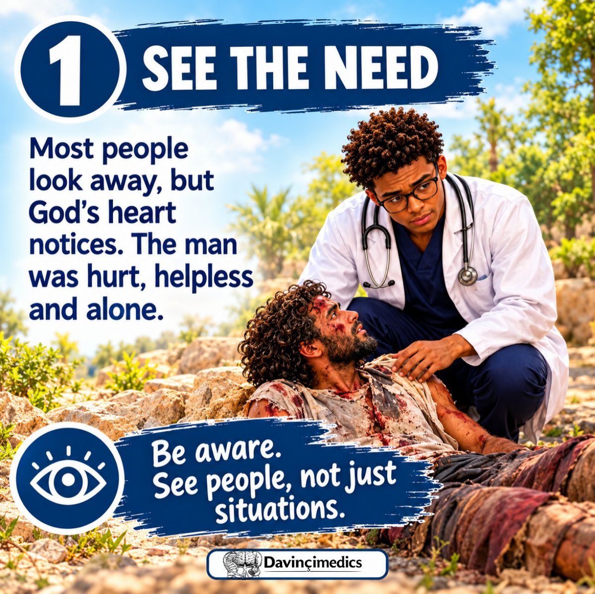 davincimedics_'s tweet photo. There's a story we all know in the Bible. 
A man lay beaten on the road, and two religious leaders walked right past him. What do you
do when you're the one who stops? 
#HealthEducation #MedTok #HealthFacts #DidYouKnow
#FaithAndHealing https://t.co/kcRk7458ZD