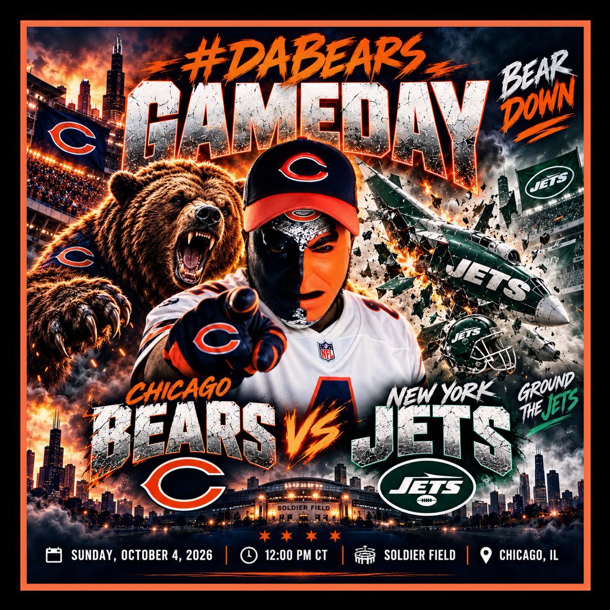 AMZNingKing's tweet photo. @ChicagoBears Home field. Home crowd. Chicago energy. 🐻⬇️🔥
The Jets landed in Soldier Field today, but this airspace belongs to DA BEARS! ✈️🚫
Protect the house. Ground the Jets. BEAR DOWN!
#DaBears #BearDown #ChicagoBears #BearsVsJets #SoldierField #GameDay 🐻⬇️ https://t.co/jpykQybWCi