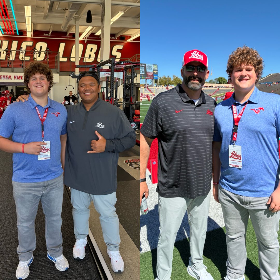 CarsonHolzapfel's tweet photo. Had an amazing Gameday experience  @Coach_Eck  @UNMLoboFB! 🐺🏈

What an experience watching @Coach_CBooth and the Lobos’ offensive line open holes and get after it up front.

Special thanks to @CoachMartin8, @LoniFangupo, @CoachErikLink and @Beau_Davidson for the hospitality and making the visit a great one.

Look forward to coming back again soon! 🔴⚫️ #GoLobos #UNMFootball #Gameday #OffensiveLine #OL #Recruiting #ClassOf2028 #RiseOfTheVine

@CoachrSmith12 @CoachZachClark @GHSMustangsFB
@FiveStrongOLine @ClintAnderson_ @CoachOrtizOL @That_Boi_Dhawk @samspiegs @ChadSimmons_  @PrepRedzoneTX @iam_alinedouard @sixstarfootball @dfwSho @RallyPreps @_EliteProspects @matadormedia @n_parrott478 @CoachRC23 @RecruitMatador @raj_manjrekar @Recruit_DFW