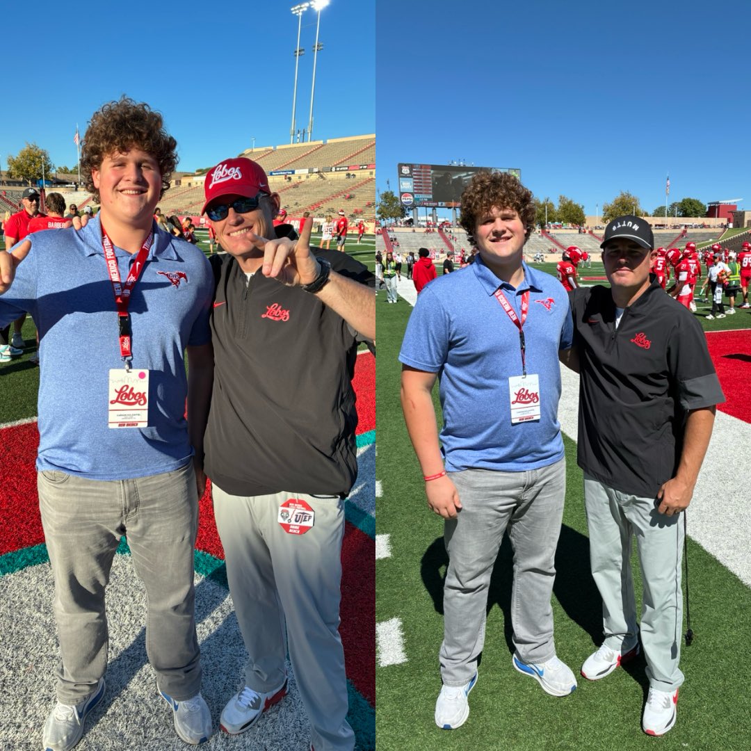 CarsonHolzapfel's tweet photo. Had an amazing Gameday experience  @Coach_Eck  @UNMLoboFB! 🐺🏈

What an experience watching @Coach_CBooth and the Lobos’ offensive line open holes and get after it up front.

Special thanks to @CoachMartin8, @LoniFangupo, @CoachErikLink and @Beau_Davidson for the hospitality and making the visit a great one.

Look forward to coming back again soon! 🔴⚫️ #GoLobos #UNMFootball #Gameday #OffensiveLine #OL #Recruiting #ClassOf2028 #RiseOfTheVine

@CoachrSmith12 @CoachZachClark @GHSMustangsFB
@FiveStrongOLine @ClintAnderson_ @CoachOrtizOL @That_Boi_Dhawk @samspiegs @ChadSimmons_  @PrepRedzoneTX @iam_alinedouard @sixstarfootball @dfwSho @RallyPreps @_EliteProspects @matadormedia @n_parrott478 @CoachRC23 @RecruitMatador @raj_manjrekar @Recruit_DFW