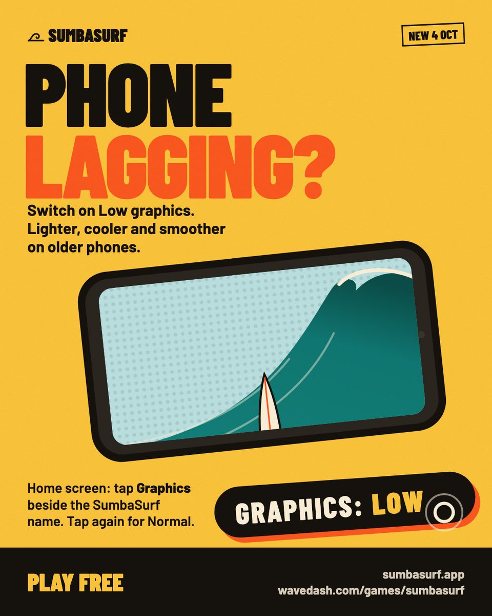 SumbaSurf's tweet photo. Phone lagging? Surf anyway.
Low graphics is here. On the home screen, tap Graphics beside the SumbaSurf name and the game reloads lighter, cooler and smoother on older phones. Your phone remembers it. Tap again any time to go back to Normal.
Same waves, same moves, same leaderboard. Just easier on your phone.
Play free at https://t.co/mQoPl6xiu2 or https://t.co/YIjxTm5e6n
#sumbasurf #surfgame #browsergame #indiegame #surfing