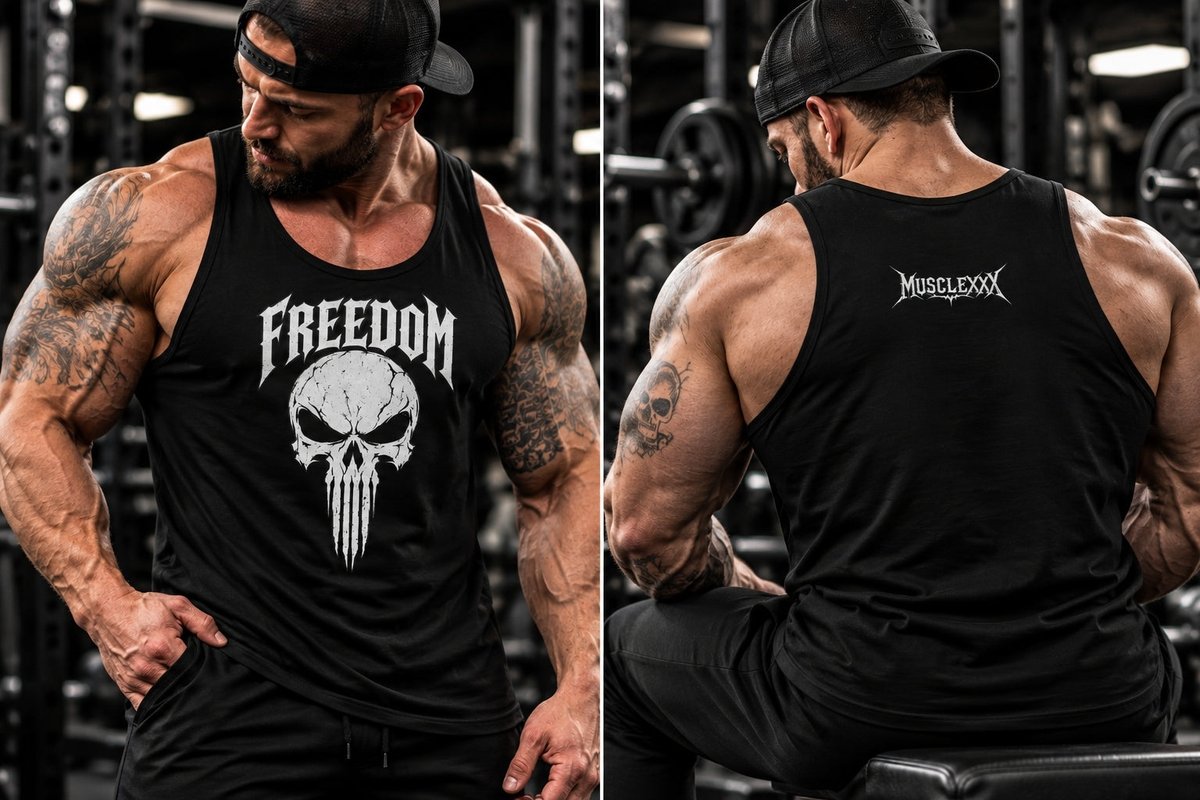 MUSCLEXXXUSA's tweet photo. Wakes up the gym without even trying 😏 Smooth, stretchy knit that moves with every rep—feels like your go-to before you even step in. Men's Patriotic Freedom Skull Tank, $38. #ad #Fitness #MensTankTop Tap the link in bio. https://t.co/K9dCfHKTS6