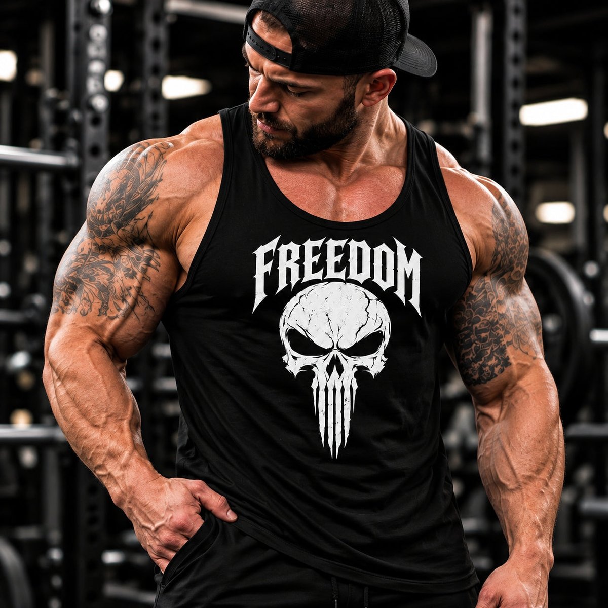 MUSCLEXXXUSA's tweet photo. Wakes up the gym without even trying 😏 Smooth, stretchy knit that moves with every rep—feels like your go-to before you even step in. Men's Patriotic Freedom Skull Tank, $38. #ad #Fitness #MensTankTop Tap the link in bio. https://t.co/K9dCfHKTS6