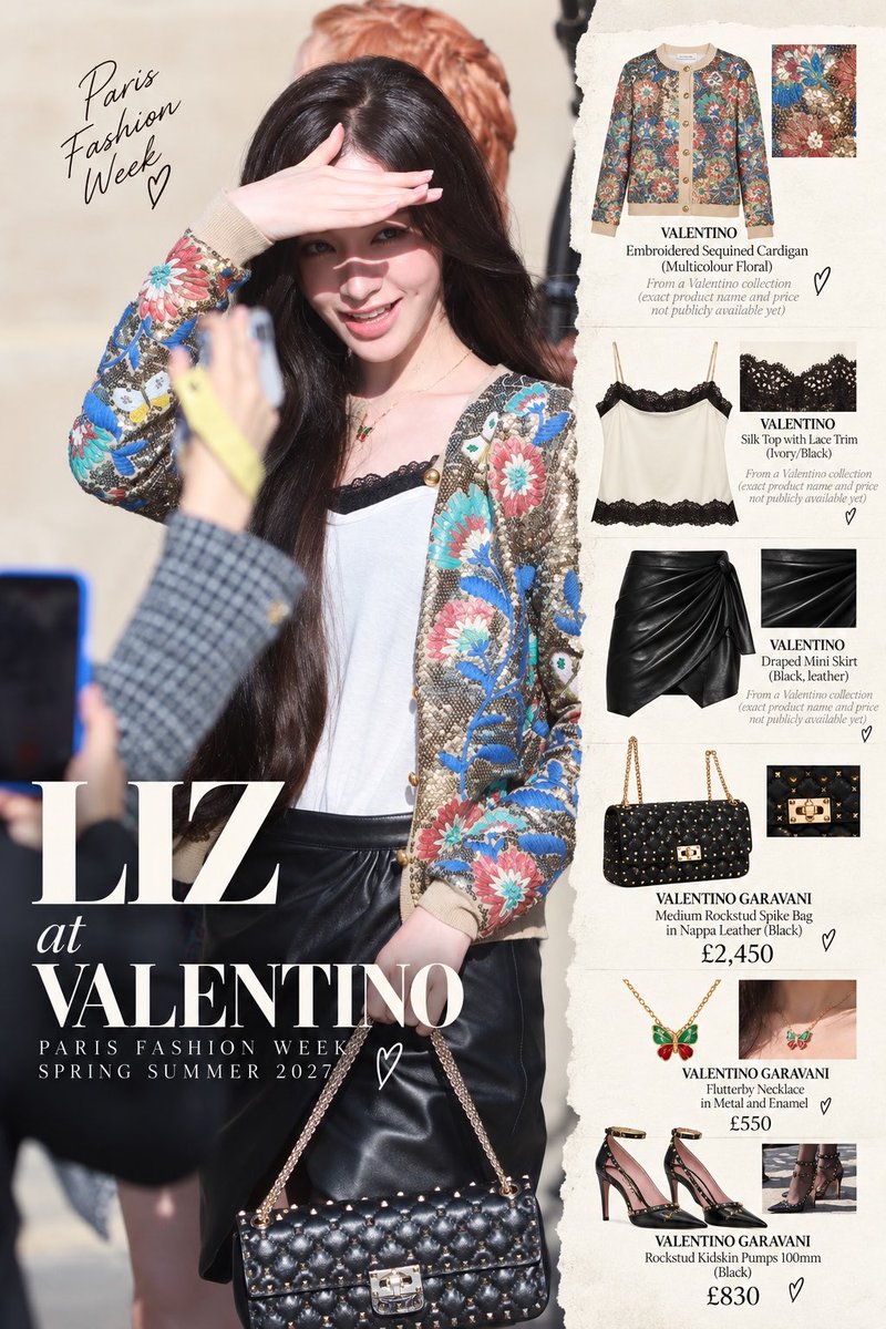 IVELIZHQ's tweet photo. LIZ’S VALENTINO LOOK 🦋

A breakdown of Liz’s look for Valentino Antibiblioteca S/S 2027 at Paris Fashion Week. 

a look to remember. ✨

LIZ at VALENTINO PFW
#LIZxValentino #LIZxValentinoSS27
#PFW #ValentinoSS27 #ValentinoAntibiblioteca
@MaisonValentino @IVEstarship https://t.co/zdXtV53Gmp