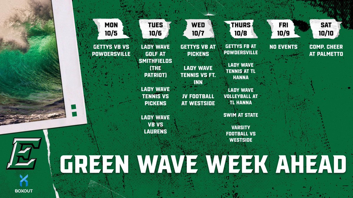 EHS_GamedayLIVE's tweet photo. Week 10! Please note that JV Football will play on Wednesday at Westside amd Varsity will now play at home on Thursday vs Westside #waveallday https://t.co/VBJONS4BSQ