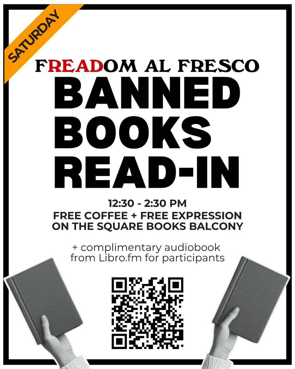 SquareBooks's tweet photo. Happy #BannedBooksWeek from Square Books!
Stop by all week to see our featured commonly-banned or challenged titles &amp; join us Saturday, Oct 10 for our Banned Books Read-In 12:30-2:30pm on the balcony with FREE coffee and an audiobook from our friends at https://t.co/JLnPSTYBnS! https://t.co/2N8idzZtH3