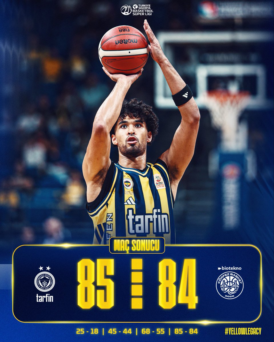 FBBasketbol's tweet photo. Maç Bizim! 💪

Tebrikler Fenerbahçe Tarfin! 👏

Maç Sonucu | Fenerbahçe Tarfin 🆚 Biotekno Körfez Basket: 85-84

Skor dağılımımız: Horton-Tucker 22, Juzang 21, Onuralp 13, Melli 7, Forrest 7, Sargiunas 4, Larkin 3, Clyburn 3, Sertaç 3, Silva 2. #YellowLegacy https://t.co/E0aY7Szncg