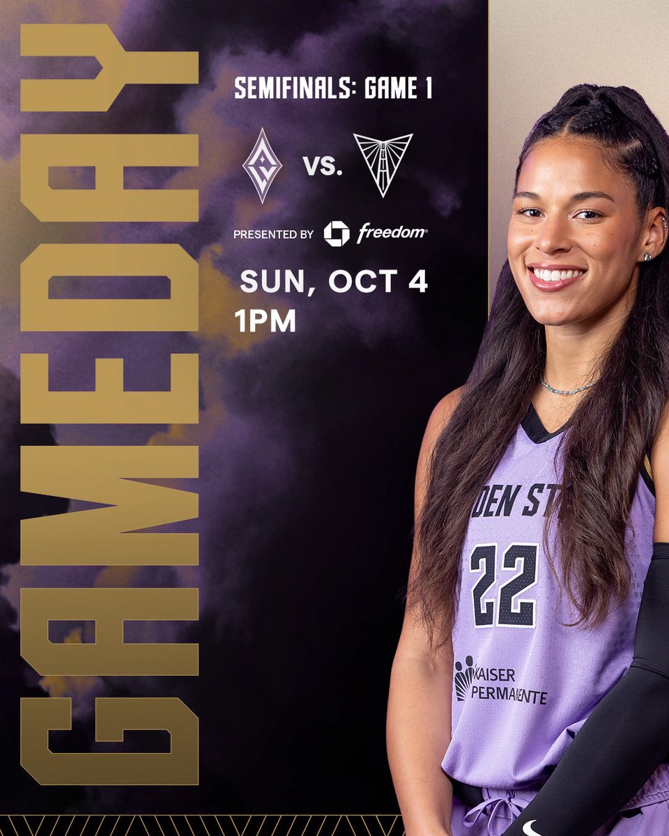 valkyries's tweet photo. Sunday matinee semifinals. ⚔️

⏰ | 1:00 PM
⚔️ | @lvaces 
📍 | @ChaseCenter 
📺 | NBC, Peacock
📻 | @957thegame, @Audacy app, ESPN 1320, Sirius XM

All fans receive a playoff t-shirt thanks to @Chase Freedom. 

#ThisIsBallhalla https://t.co/oHgi5RaazQ