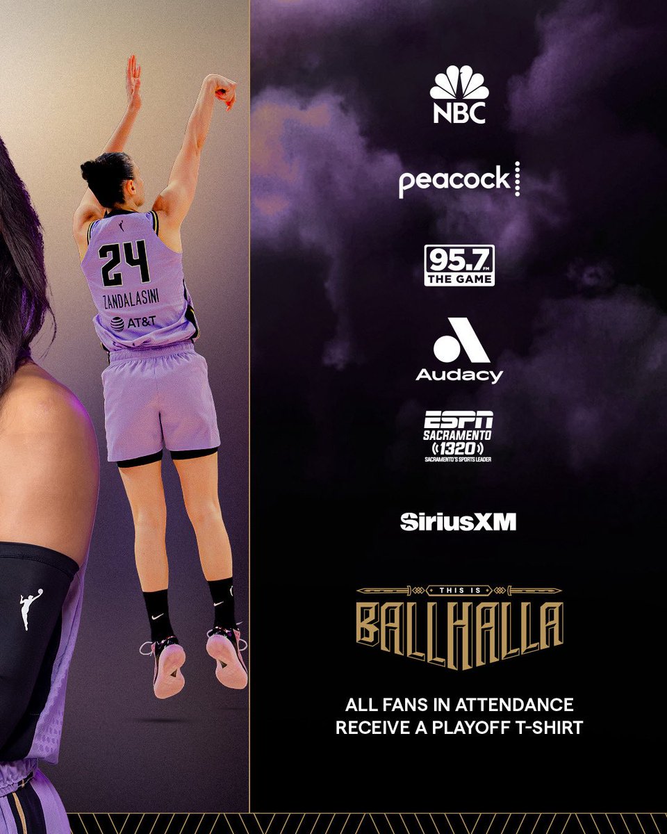 valkyries's tweet photo. Sunday matinee semifinals. ⚔️

⏰ | 1:00 PM
⚔️ | @lvaces 
📍 | @ChaseCenter 
📺 | NBC, Peacock
📻 | @957thegame, @Audacy app, ESPN 1320, Sirius XM

All fans receive a playoff t-shirt thanks to @Chase Freedom. 

#ThisIsBallhalla https://t.co/oHgi5RaazQ