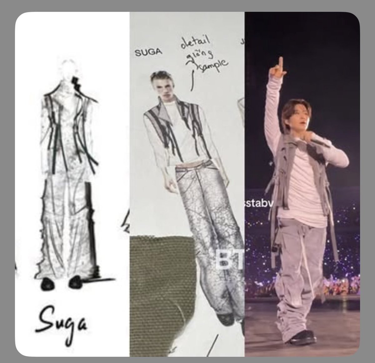 Sugad_ex's tweet photo. 해당 커스텀 세트 중 한 벌의 비주얼 디렉팅이 문제인 이유 두가지

1. 한 벌을 제외한 6벌은 전부 신사복 수트 모티브로 상의가 제작. 수트 구성품인 조끼/재킷/코트를 멤버별 분산 배치했고 과거 갑옷, 군복 등 각잡힌 제복으로부터 수트가 발전되었기 때문에 어깨 견장, 더블 브레스트 나폴레옹 자켓, 트렌치 코트, 빅라펠 코트 등의 클래식 재단 방식을 차용함. 딱 한 벌만 칼라와 앞여밈 버튼이 없는 캐주얼스포츠웨어조끼를 사용한 디렉팅 오류. 지금 말한 명칭 뭔뜻인지 모르는데 옹호질한 애들은 일단 다 꺼지길 바람.

2. 한 벌을 제외한 6벌은 화이트 원단에 불을 그을려 옷감의 부분적 훼손을 극대화. 청 원단이 섞여있어도 이너 레이어드로 아우터의 불탄 느낌을 시각적으로 강조함. 한 벌만 레이어드가 반대로 배치, 화이트 원단이 변형 없이 이너로 숨고 청 원단을 그을려 시각적 대비감 상실. 이너로 쓰인 흰색 원단 역시 1번의 수트 디테일이 하나도 들어가지 않은 캐주얼 티 재단 방식. 모든게 비주얼 디렉팅 오류.

아티스트 이름값 때문에 나름 프로 자격으로 살벌하게 진행된 프로젝트였을거 알아서 두번째 기회가 있다면 수정되길 바라는 마음으로 어제 한번만 적당히 언급하고 끝내려 했는데 돌아온건 영상 삭제 딸칵, 멤버가 그 스케치를 선택했다는 황당한 변명, 다른 옷이 부러워 악개들이 발작한다는 미친자들 자연발생까지 구경하고 있으니 어처구니가 없는 것이예요. 우리가 탈하이브 탈방탄 억압받는 어쩌고 해방시켜라 이딴 해시 올리기를 했냐, 멤버 머리채 잡아가면서 악플 갯수로 도파민 채우는 짓을 하길 했냐 뭘 도대체 얼마나 천인공노할 짓을 했다고 닥치라고 조리돌림 하는지 이해를 못하겠음. 팬덤이 크니 마플 억까 잘날 없고 자동반사처럼 무슨 말만 하면 분위기 흐리는거 같아 짜증나는건 알겠는데 그렇다고 그 짜증을 왜 이럴때 부리는지 모르겠고요? 스케치에 있던 수트형 베스트 재단 실제 착장 재단이랑 아예 다르죠? 걍 팔 뚫려있으면 다 같은 조끼인줄 아는 머저리들은 닥쳤으면 좋겠고 이렇게 디테일 따지기 시작하면 알 사람들은 다 알음 그냥 이건 옷 한 벌이 디렉팅에 삐끗한 사례 그 이상 이하도 아니었음 1차로 가봉하면서 알았어야하고 2차로 실착하고 쎄했으면 즉석에서 가위질을 하든 꼬매든 태우든 변수를 커버했어야함 다른 옷들 성의있게 열심히 커스텀한거 알아요 누가 다 망쳤대? 6배 넘는 칭찬은 달콤하고 1벌 가지고 어필하는 목소리는 그렇게 거슬리나? 멤버 당사자가 수수하고 편한 옷을 좋아해서 저렇게 입혔을거다 이런 별 개소리까지 나오니까 머리에 힘주고 넘어가려던거 못 넘어가자나요? 어필하는거 듣기 싫으면 애옹팬들한테 와서 잡도리하지말고 본인들이 마음에 드는 의상 칭찬이나 더 하세요 디자이너 옹호한다고 멤버 마음읽기 하지마시고요