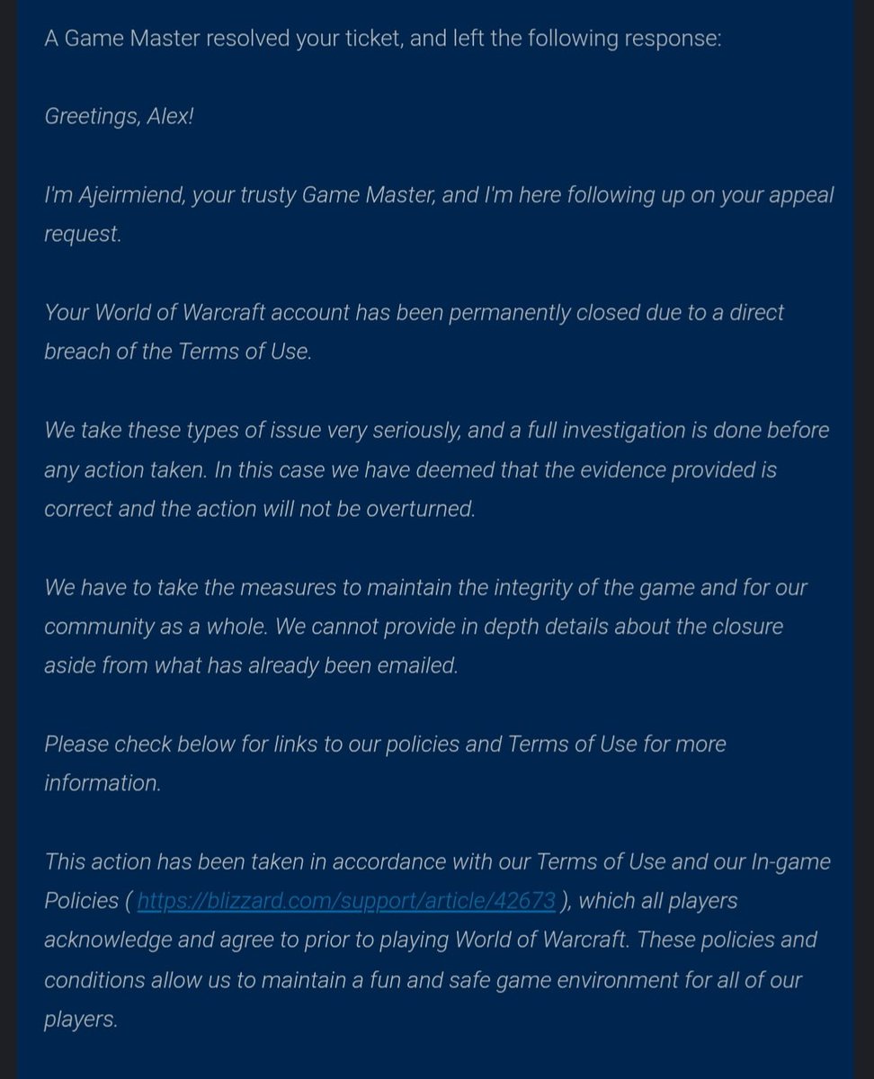 alexbowersva's tweet photo. I logged onto my Battle net account to find out I have been banned from playing WoW and WoW Classic.
The reason thats surprising is I have never played either of those games a day in my life. I submitted an appeal ticket and they doubled down.
What do they think I did? Lmao https://t.co/us38SEid2j