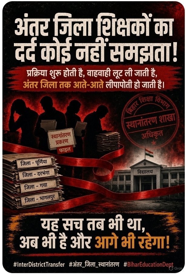 MDNizam72836722's tweet photo. सैकड़ों किलोमीटर दूर अंतर जिला में पदस्थापित शिक्षक वर्षों से परिवार से दूर सेवा दे रहे हैं।माननीय मुख्यमंत्री श्री सम्राट चौधरी जी से विनम्र अनुरोध है कि सभी पात्र शिक्षकों का गृह जिला में स्थानांतरण किया जाए।
@samrat4bjp @mkrtiwari_bjp @RajnishJhakumar
#InterDistrictTransfer https://t.co/Ga6Z2jvspl
