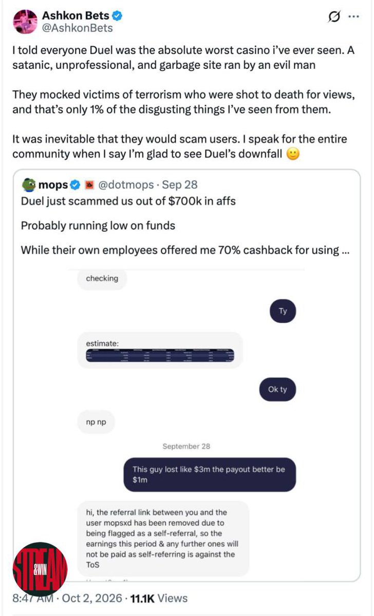 STREAMANDWIN's tweet photo. @DuelPromo MIGHT NOT MAKE IT TO 2027 😬

Duel is dealing with lawsuits, licensing issues in Finland, withdrawal complaints and delayed affiliate payments

One user claims $24,500 has been stuck since January

Now people on X are already speculating Duel could shut down in 2027 🙄

Nothing is confirmed yet, but the shit is getting interesting да