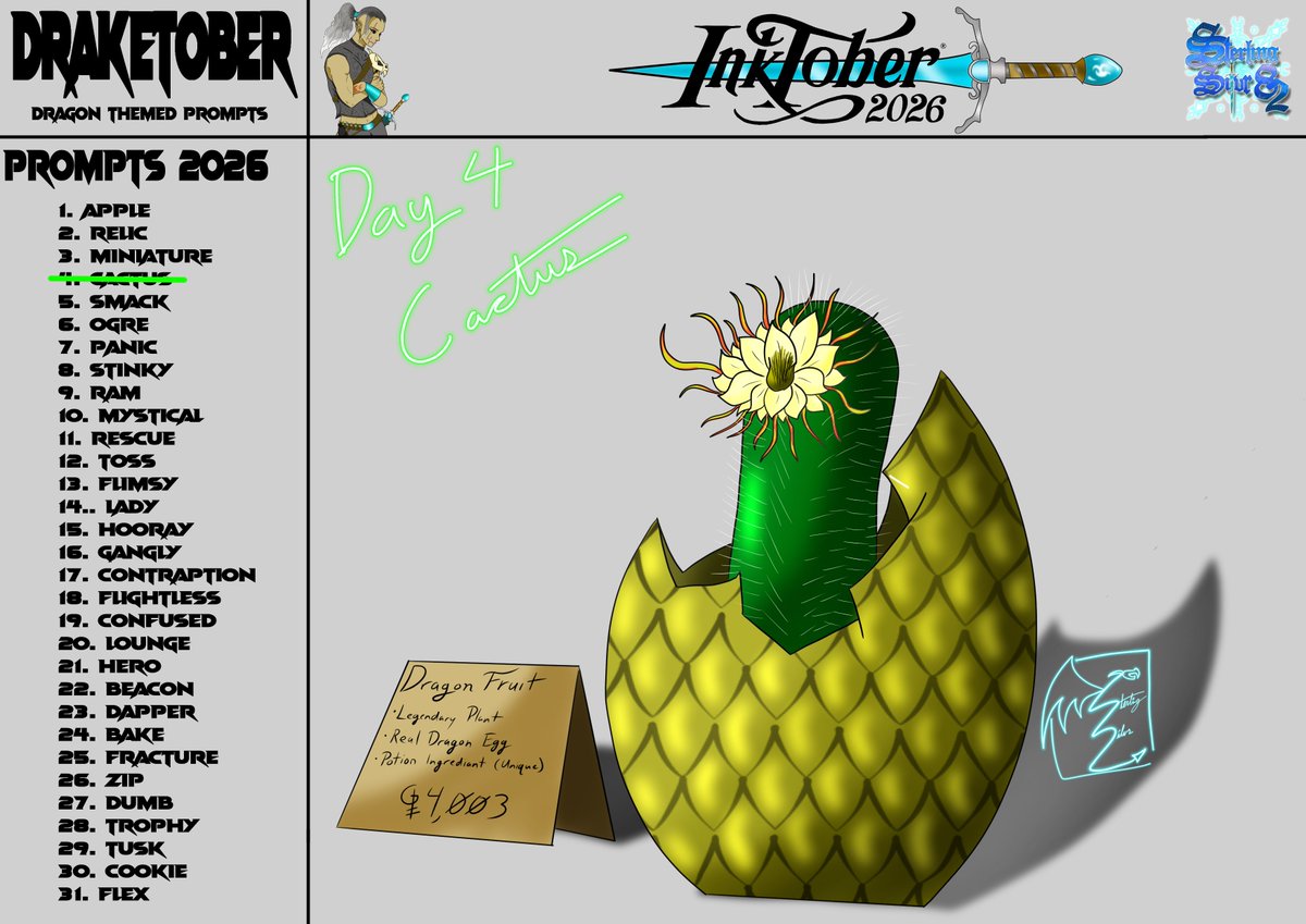 SterlingSilvr82's tweet photo. Day 4 Cactus #inktober #draketober 

"Dragonfruit planted in the shell of a gold dragon and fertilized with...." https://t.co/pjSMaJY33K