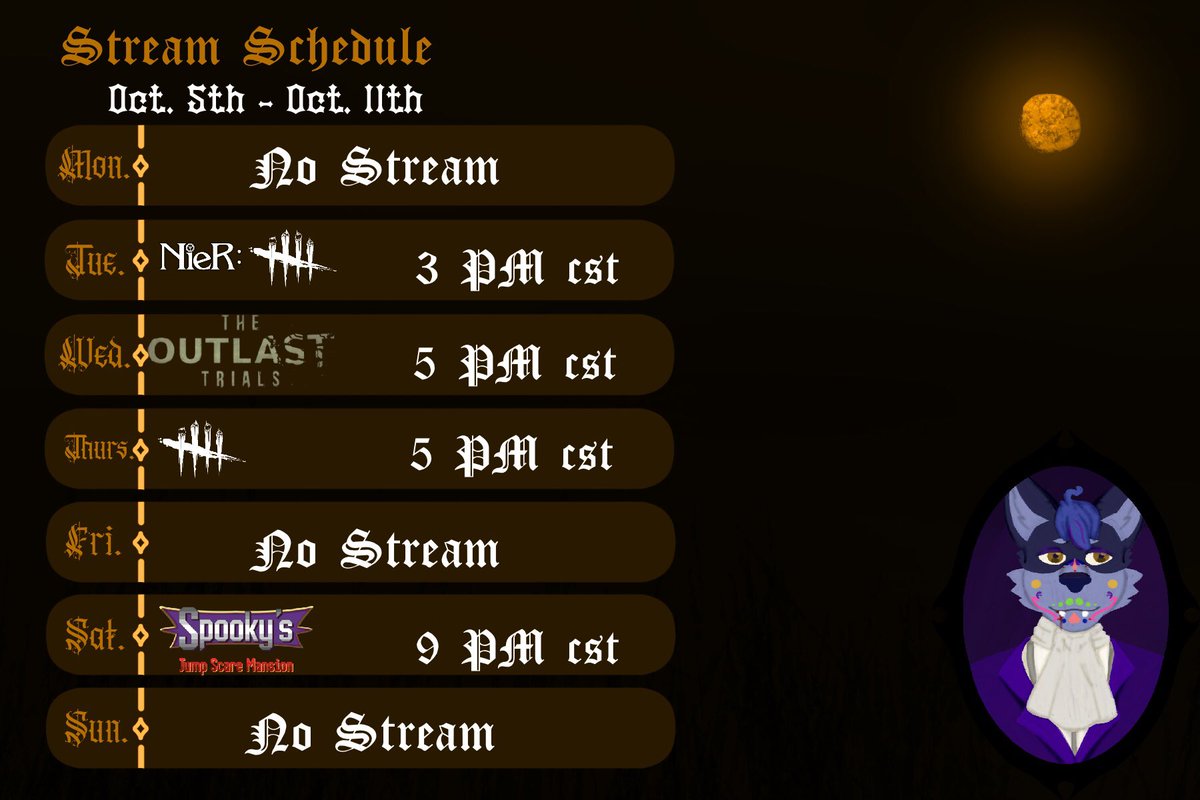 YumikoWolf's tweet photo. Happy October. Here’s this week’s schedule!!! Spooky Games! https://t.co/1KgO5Ig3Zy