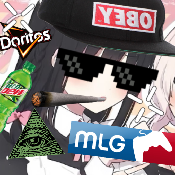 A heavily edited "deep fried" MLG-style image featuring an anime girl with a black snapback reading "OBEY," pixelated "thug life" sunglasses, a Doritos logo, Mountain Dew bottle, blunt cigarette, Illuminati pyramid, and "MLG" with a Mountain Dew goat banner, overlaid to create an absurd, over-the-top profile pic intended for matching couple Discord avatars.
