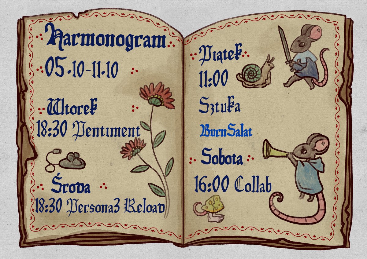 BurnSalat's tweet photo. 📡SYSTEM NOTICE📡

Plan transmisji [05.10-11.10] :

▸ Wtorek 18:30
▸ Środa 18:30
▸ Piątek 11:00
▸ Sobota 16:00 [Collab z @demcia_exe ]

STATUS: harmonogram zatwierdzony

🐀📡
#vtube #vtuber #PLvtube #vtubePL #vtuberPL #PLvtuber #BurnSalat https://t.co/XQWqNjIjEg