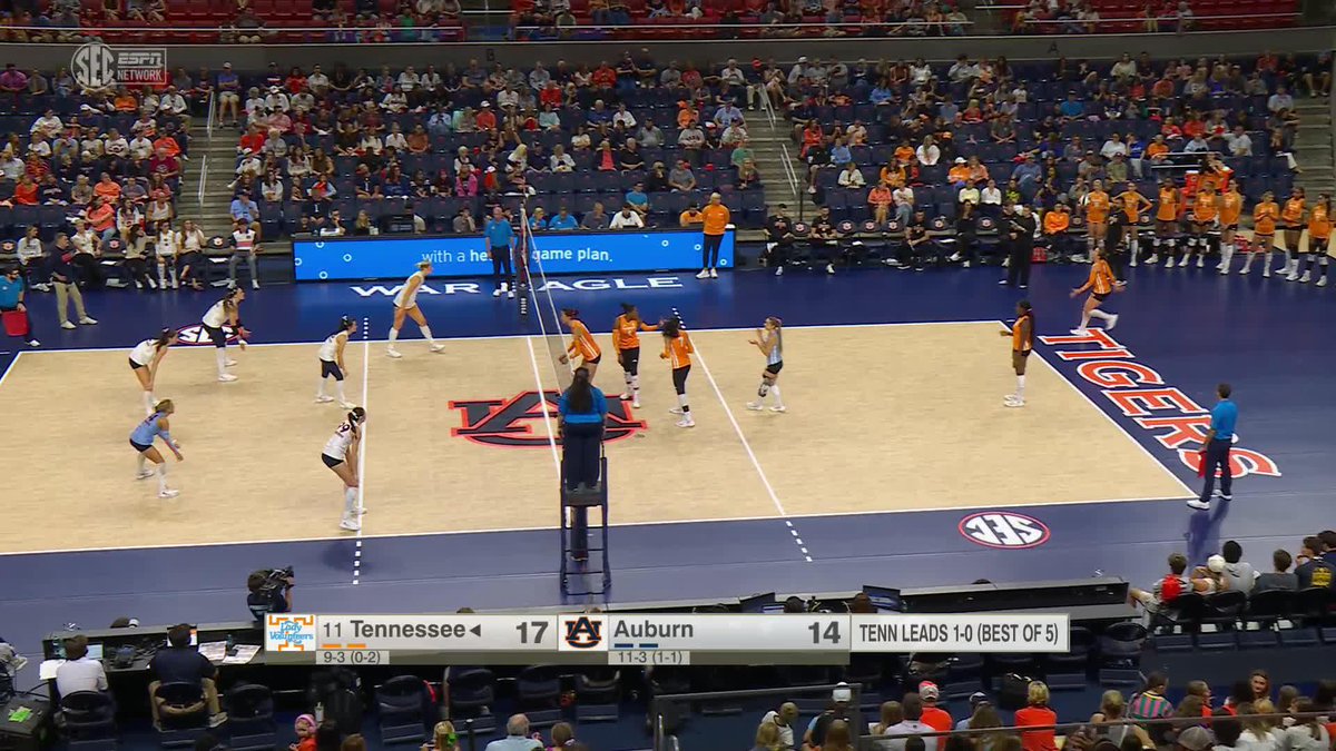 A college volleyball match between #11 Tennessee (17) and Auburn (14) is underway on the court, with Tennessee leading 1-0 in the best of 5, as shown on the ESPN/SEC Network broadcast scoreboard.