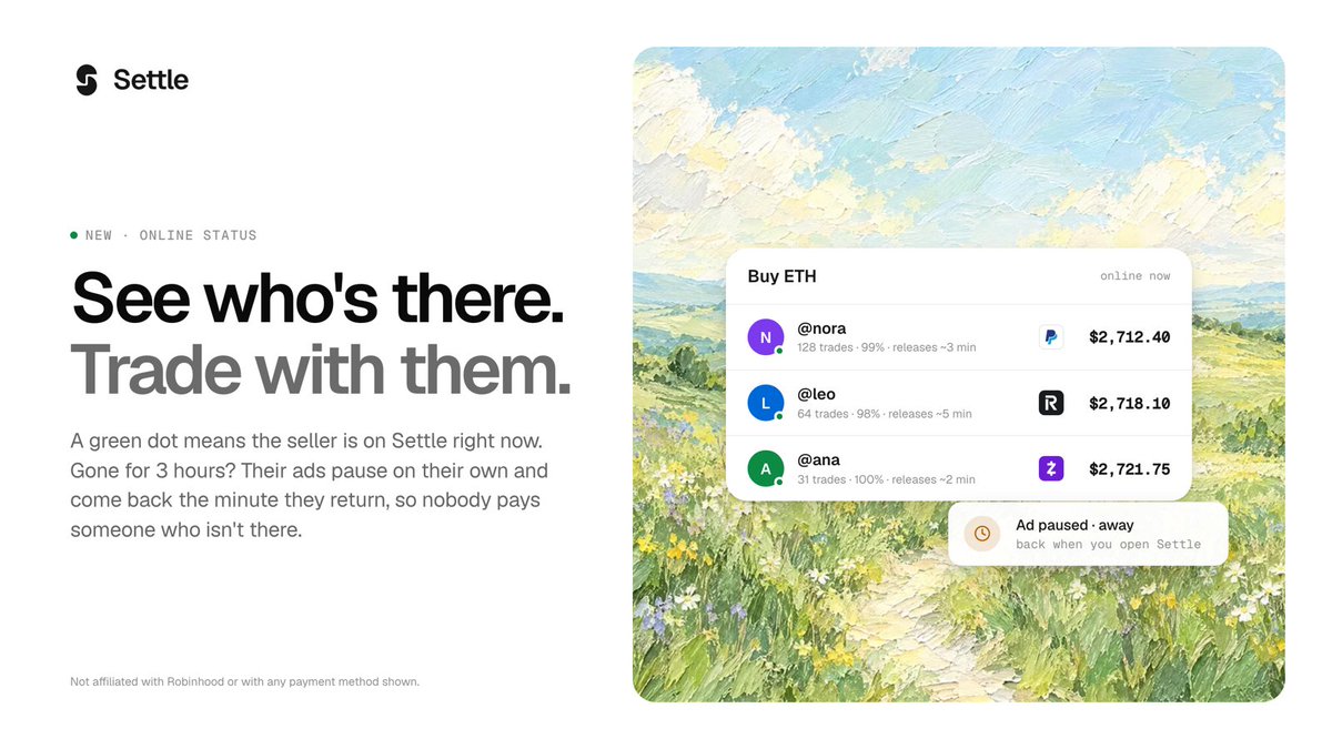 UseSettleApp's tweet photo. New on Settle: see who's online.

A green dot on an offer means the seller is on Settle right now.

Gone for 3 hours? Their ads pause on their own and come back the minute they return. Nobody pays someone who isn't there.

https://t.co/irJ9v7cQfS https://t.co/cS1vFveXxd