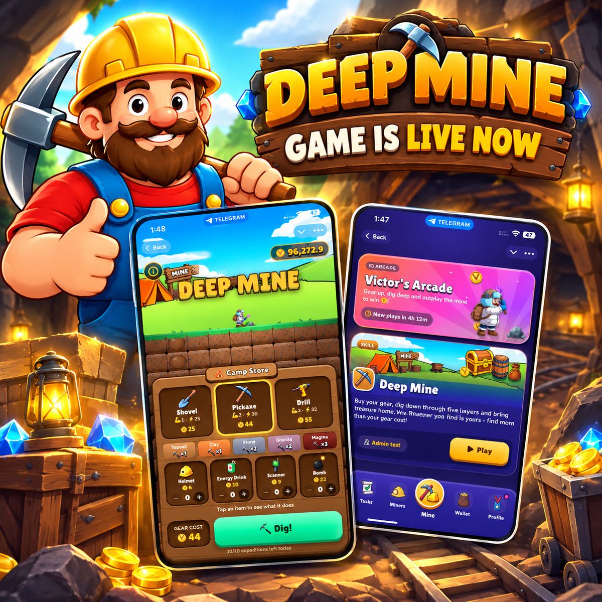 VictorsCompany's tweet photo. 🔍Deep Mine is LIVE now on Victor’s Company!

⚙️ Gear up, choose your equipment, and dig deep through five layers to discover hidden treasures. Use your Shovel, Pickaxe, or Drill, along with items like Energy Drinks, Scanners, Helmets, and Bombs to improve your expedition.

👍 Find more $VIC than your gear costs, collect your rewards, and make it back before your luck runs out.

📍Clock in at https://t.co/4PPZwsII3s
Your foreman career starts today!