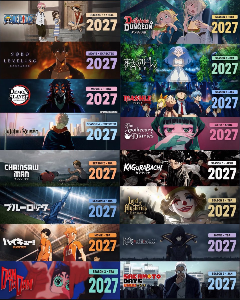 AnimeePost's tweet photo. The lineup for 2027 is actually insane https://t.co/g61juzzXzO