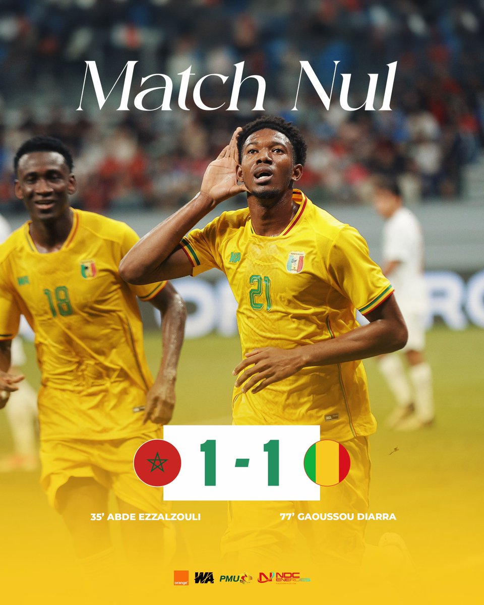 Equipesdumali's tweet photo. Full Time !

Match nul entre le Maroc et le Mali à Tanger (1-1) 🤝 https://t.co/VuZuyxsbxm