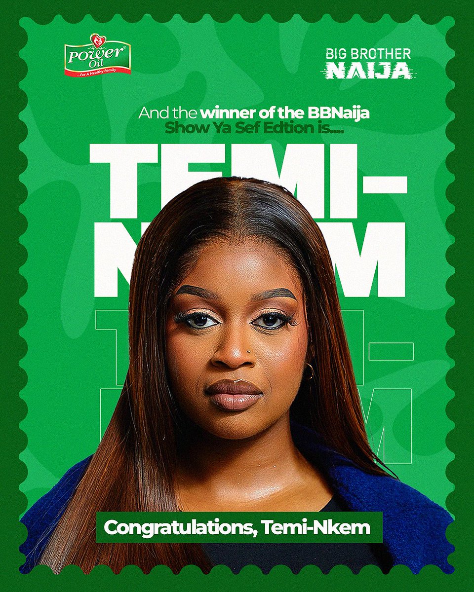 PowerOilNG's tweet photo. Congratulations @Temiinkem 👏💚
BBNaija Show Ya Sef Winner!!!! 🔥🔥
#poweroil #BBNaija https://t.co/Y7MiI66kMv