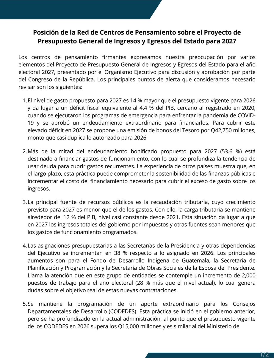 CIENgt's tweet photo. 🔔 📊 Sobre #AlertaPresupuesto y el Proyecto de #Presupuesto2027GT, la Red de Centros de Pensamiento pide al Congreso frenarlo:
-Déficit de 4.4% del PIB
- Q42,750 millones en bonos (casi el doble que 2026 y para pagar funcionamiento).

Comunicado completo aquí 👇 https://t.co/jvvpafx04P