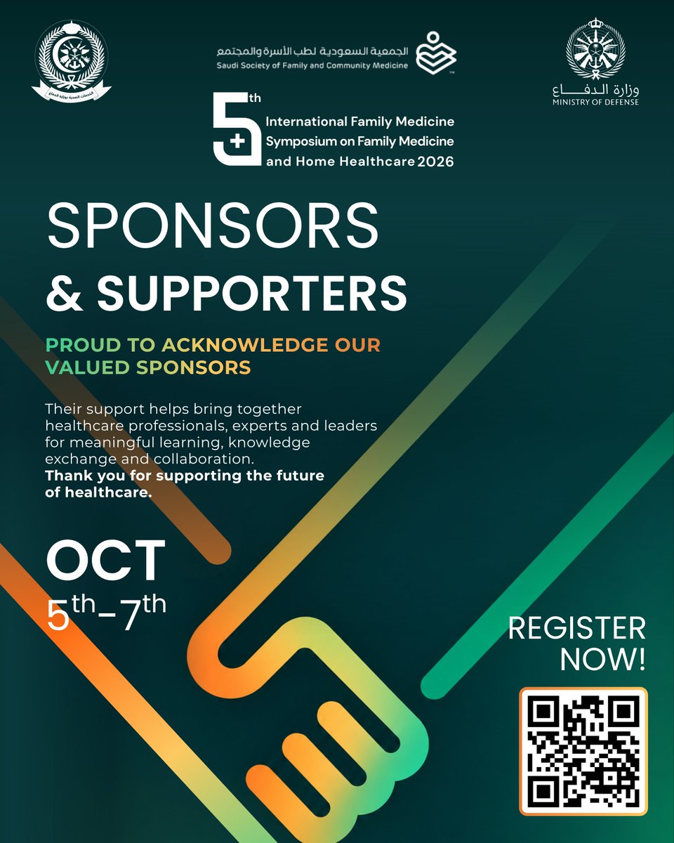 MCIAlRowad's tweet photo. Thank you to the partners behind ICFM 2026.  
Lilly, @novonordisk , @GSK, @sanofi, @AbbottNews, @Roche, @Alfaisaluniv, @amboss_SA , @Salehiyahealth,
@SSFCM_org, SCAD, @ajwad_org and SHMS. 

Online registration closes at midnight on 5 October. Register: https://t.co/2DveBJvoHr https://t.co/KEgwUoRytm