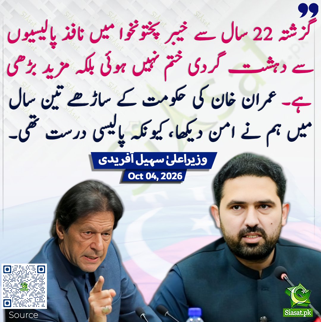 siasatpk's tweet photo. گزشتہ 22 سال سے خیبر پختونخوا میں نافذ پالیسیوں سے دہشت گردی ختم نہیں ہوئی بلکہ مزید بڑھی ہے۔ عمران خان کی حکومت کے ساڑھے تین سال میں ہم نے امن دیکھا، کیونکہ پالیسی درست تھی۔ وزیراعلیٰ سہیل آفریدی

سورس جاننے کیلئے کیو آر کوڈ سکین کریں

#Pakistan

@SohailAfridiISF https://t.co/UxfXUYPgYR