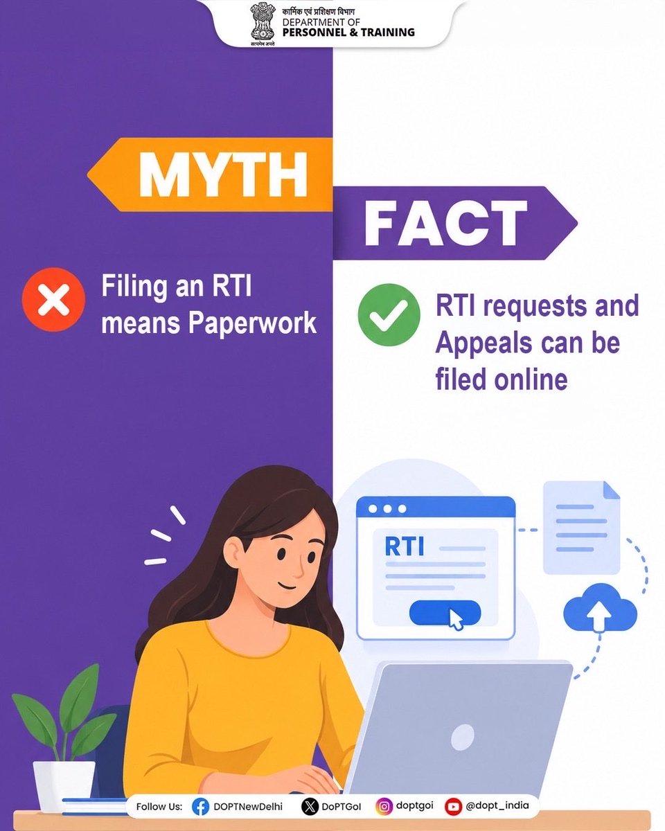 DoPTGoI's tweet photo. Think filing an RTI means paperwork? Think again.

With RTI Online, citizens can file RTI Requests and Appeals online, making the process simpler, more accessible and convenient.

Technology-enabled access to information helps citizens exercise their Right to Information with greater ease.

Know your rights. Use digital access. Stay informed.

#RTI #RTIOnline #CitizenCentricGovernance #DoPT #Governance