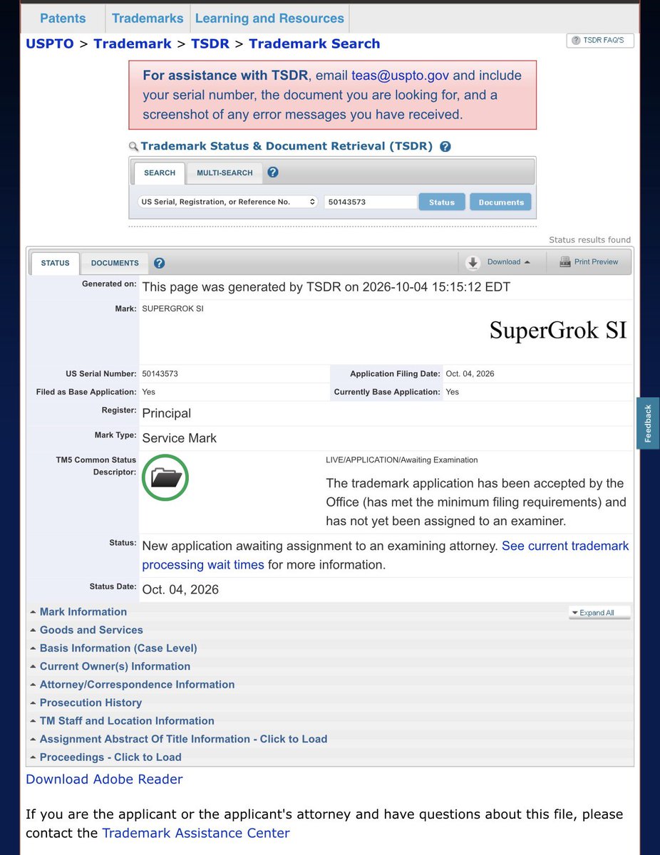 BrianRoemmele's tweet photo. BOOOM!

It’s official a new October 4th, 2026 trademark!

SuperGrok SI

Link: https://t.co/LPCI312oPn

There are more surprises (not yet!). https://t.co/e0DyeGBdv5