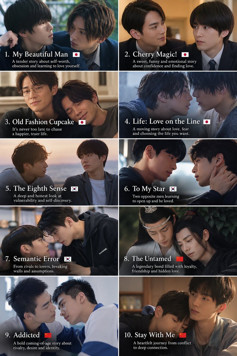 Francoballer1's tweet photo. If you’re looking for Japanese, Korean, and Chinese LGBTQ+/BL movies and series that feel like more than romance — stories about identity, self-acceptance, loneliness, first love, and figuring out who you really are 
 
Top 10 to help you discover yourself

1)My Beautiful Man 🇯🇵
A complicated story about obsession, insecurity, self-worth and learning what love actually means. 

2)Cherry Magic! 🇯🇵
Sweet, funny and surprisingly emotional. It explores loneliness, confidence and accepting that someone could genuinely love you.

3)Old Fashion Cupcake 🇯🇵
A beautiful story about breaking out of a life that feels emotionally empty and realizing it's never too late to discover what you want.

4)Life: Love on the Line 🇯🇵
One of the most emotional choices here. It follows love across different stages of life and asks whether fear should determine the life you choose. 

5)The Eighth Sense 🇰🇷
More mature and introspective, dealing with romance, vulnerability and emotional struggles. It feels particularly relatable if you're trying to understand your own feelings. 

6)To My Star 🇰🇷
Two very different men are forced to confront their emotional walls. It's ultimately about vulnerability, communication and allowing yourself to be loved. 

7)Semantic Error 🇰🇷
Starts as an enemies-to-lovers university story but gradually becomes about breaking down the assumptions you have about yourself and other people. 

8)The Untamed 🇨🇳
A fantasy/wuxia epic with a deeply meaningful bond between its two leads. Because of China's censorship environment, the romance is largely presented through subtext and emotional intimacy. 

9)Addicted 🇨🇳
A controversial Chinese BL classic about two young men whose rivalry develops into something much deeper. Its original run was cut short after censorship restrictions. 

10)Stay With Me 🇨🇳
A coming-of-age story about two boys whose relationship develops from conflict into genuine emotional dependence and affection.