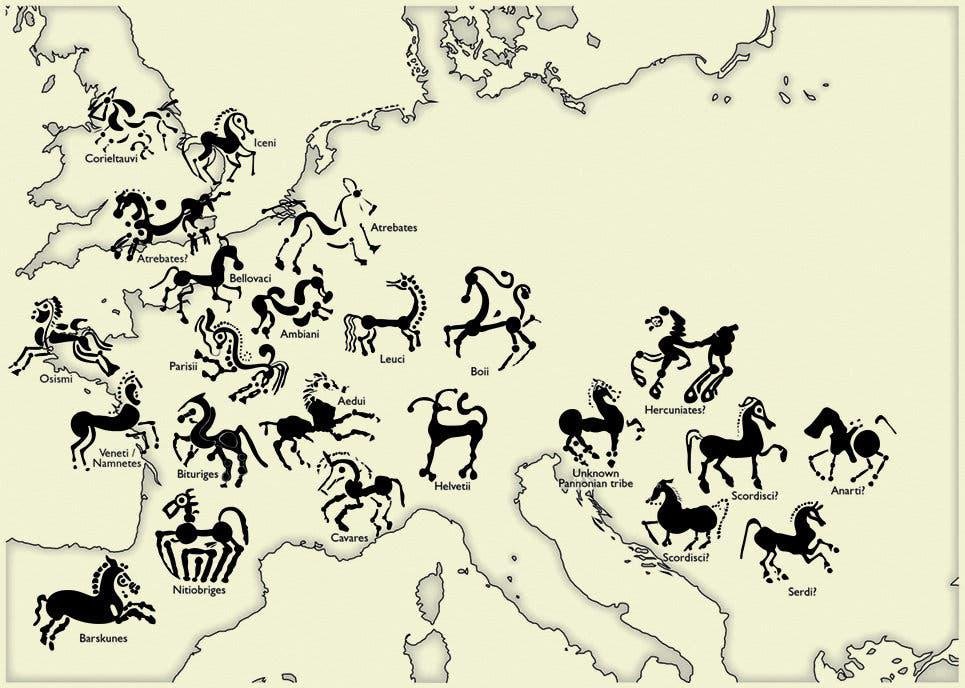 RaoulMcLaughlin's tweet photo. Various depictions of horses found on ancient Celtic coins, with their approximate geographical origins. https://t.co/QAD2wx9YBt