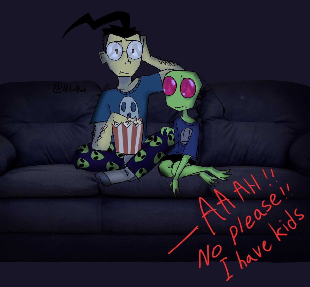 Niko0wk's tweet photo. Scary movie #Zadr  btw what do y’all think about the black spot on Zim’s knee that I accidentally made? https://t.co/LmpHAoM22y