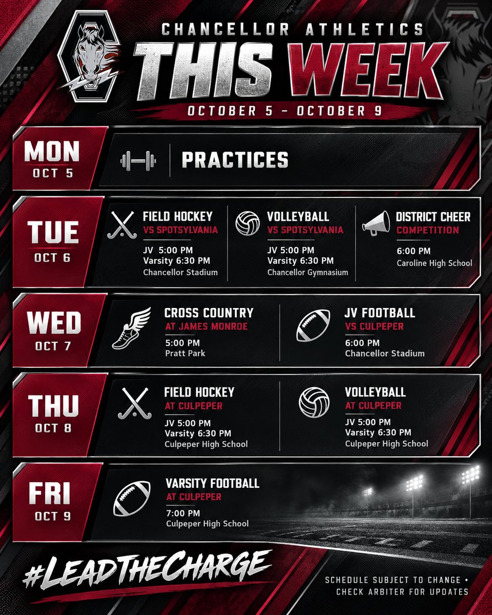 ChancellorCharg's tweet photo. Busy week for the Chargers. ⚡
TUE — FH, VB + District Cheer
WED — XC + JV Football
THU — FH + VB at Culpeper
FRI — Varsity Football at Culpeper
Save the schedule and come support.
#LeadTheCharge https://t.co/YpOfHRZmJR