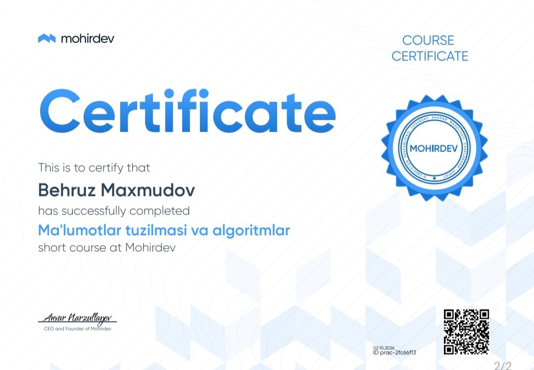 Be17069Behruz's tweet photo. Happy to share that I’ve successfully completed the Data Structures and Algorithms short course at Mohirdev! 🎓

Another step forward in strengthening my problem-solving and programming fundamentals. 🚀

#DataStructures #Algorithms #Programming #Python #Mohirdev https://t.co/B2nuxgknTH