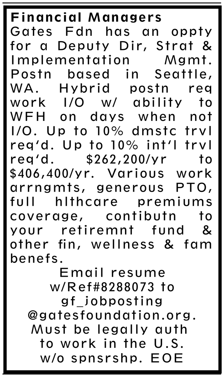 JobsNowPR's tweet photo. Anyone interested in a director role at the Gates Foundation?

We found this $406k role as a strategy director in this week's Seattle Times. But strangely, this job isn't on their website career page?

Could they be planning to sponsor an immigrant for an EB visa for this job? https://t.co/BjctEP00Rc
