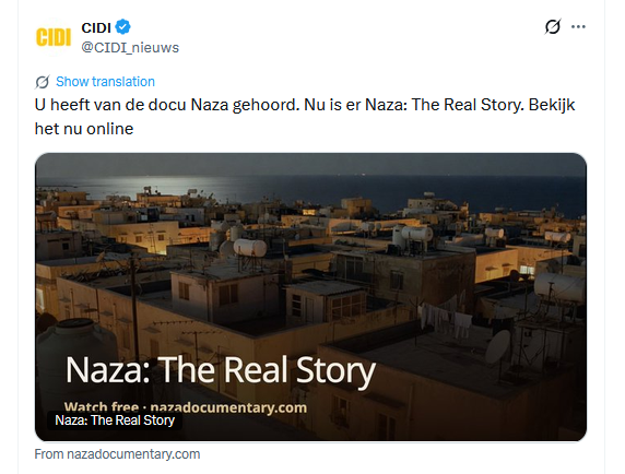 _WMedia_'s tweet photo. Alles lijken ze uit de kast te halen om de aandacht van NAZA af te leiden. Zelfs een tegendocumentaire met vrijwel dezelfde titel. Om de algoritmes te beïnvloeden? Om de waarheid plat te walsen? Het CIDI doet een poging ... tja wat moeten we nog meer zeggen over deze club?

Vanavond zag ik NAZA in de bioscoop. Mensen kwamen huilend de zaal uit.

We wisten al wat er in Gaza gebeurde. Dankzij jarenlang onderzoek van The Guardian, Al Jazeera en andere vooraanstaande media. Dankzij Palestijnse journalisten die, met gevaar voor eigen leven, de wereld lieten zien wat daar plaatsvond.

Maar NAZA gaat een stap verder. Israëlische militairen en inlichtingenofficieren vertellen zelf over het systeem achter de massale vernietiging en de dood van Palestijnse burgers.

We wisten het al. Nu horen we het uit de mond van degenen die erbij betrokken waren.

Wat deze documentaire blootlegt, is ronduit monsterlijk.

Ga NAZA zien. En oordeel zelf.