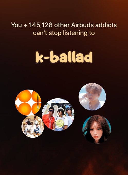 Spotify Wrapped-style graphic stating 'You + 145,128 other Airbuds addicts can't stop listening to k-ballad' with circular thumbnails of various artists including BTS members and IU.