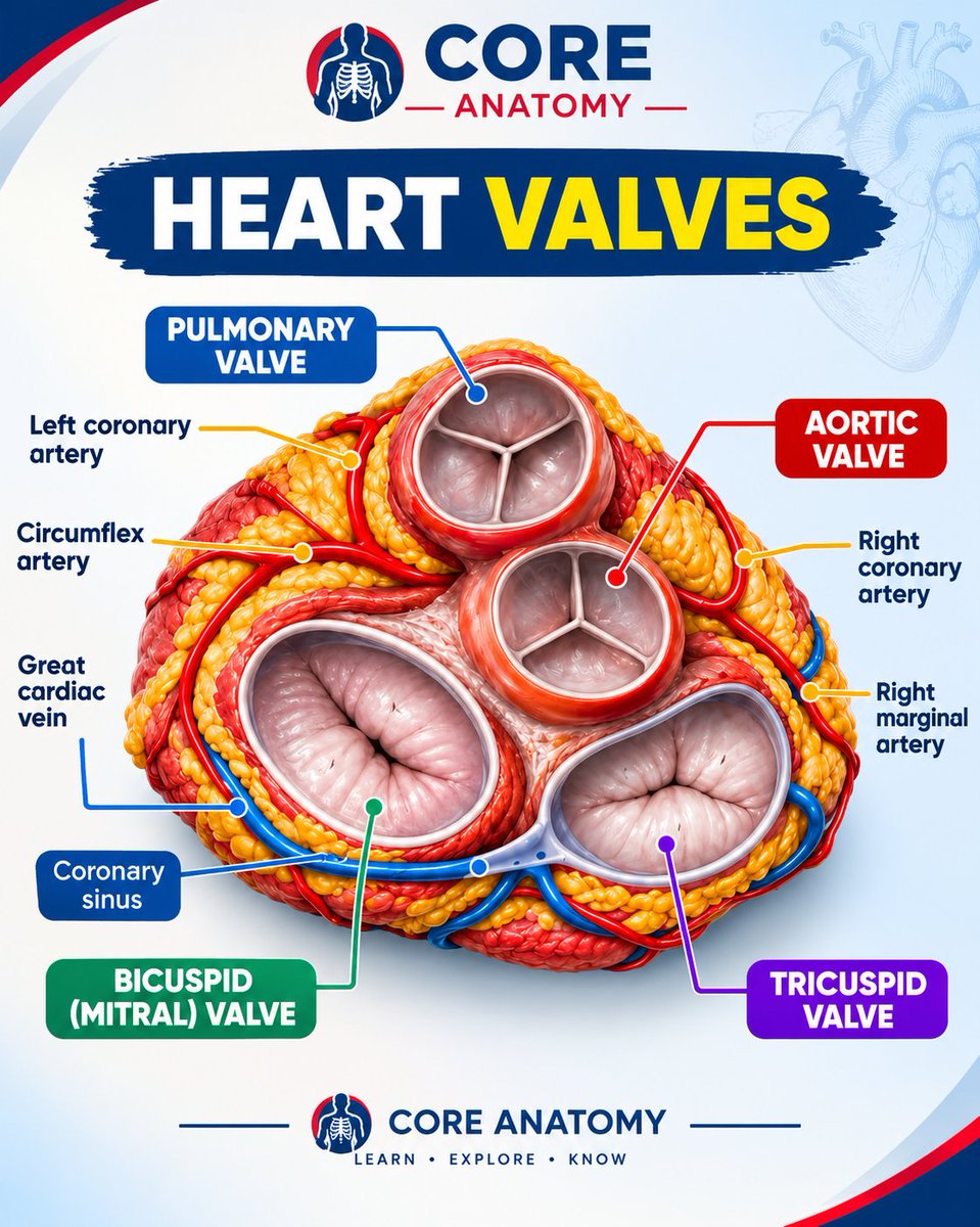 UgorjiGabby's tweet photo. Your heart has 4 valves that keep blood flowing in the right direction
1. Pulmonary
2. Aortic
3. Mitral
4. Tricuspid valves. ❤️🫀
Which one did you already know about?
#CoreAnatomy #Anatomy #MedicalEducation https://t.co/Pz479QO0Jo
