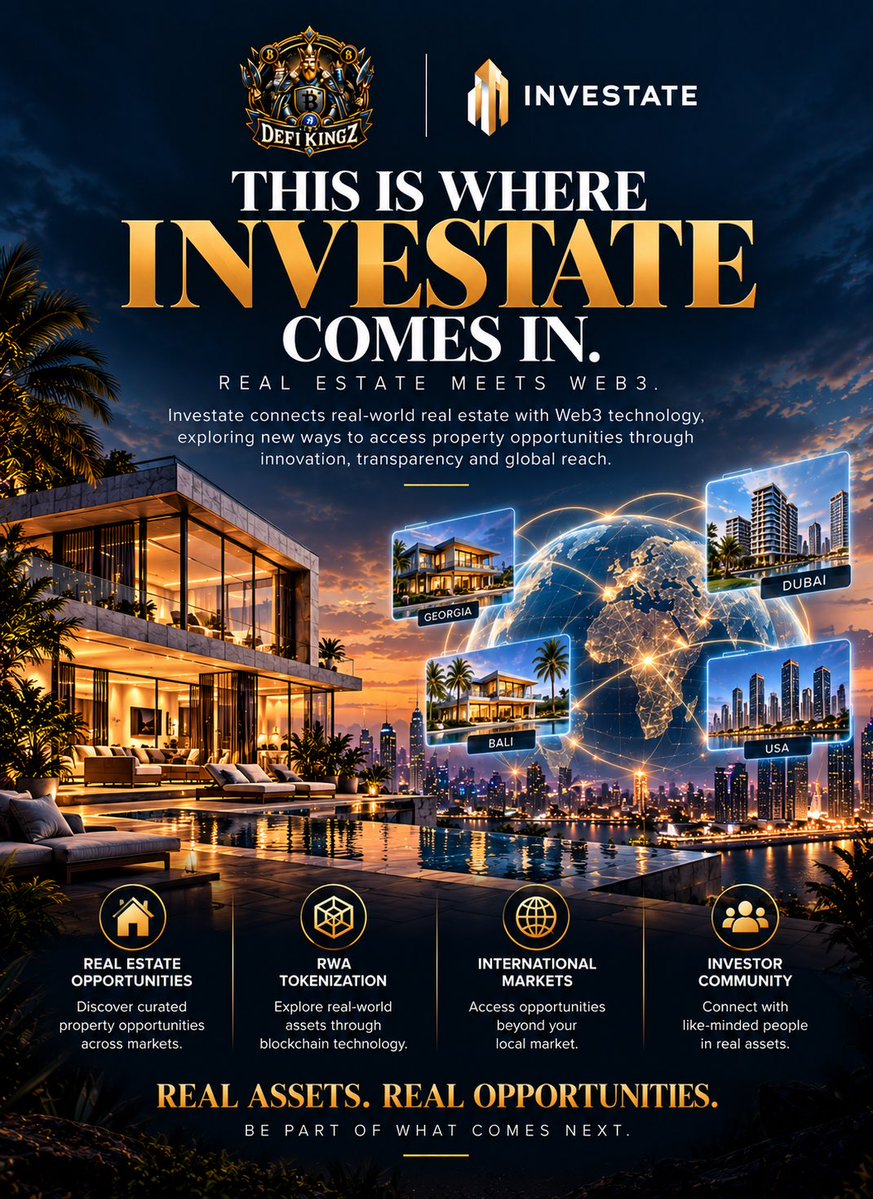 TheRealmOfDefi's tweet photo. WHY IS REAL ESTATE SO IMPORTANT?

Before we talk about Investate, let’s talk about why real estate matters in the first place.

Real estate is one of the world’s major real-world asset classes.

A property isn’t valuable simply because it’s a building.

It can create economic value through:

🏡 Ownership — holding an asset with real-world value.

🏗️ Development — improving land or property and increasing its usefulness and value.

🏠 Rental activity — generating income from people using the property.

📈 Appreciation — benefiting from an increase in property value over time.

🏢 Commercial use — generating value through offices, retail spaces, hospitality, warehouses and other businesses.

So there’s a simple reason people have always been interested in real estate:

It is connected to something tangible and useful in the real world.

But there’s a catch.

For many people, participating in real estate isn’t as simple as finding a property they like.

You may need significant capital.

You may be limited by geography.

You may not have access to opportunities in other markets.

And traditional property ownership can come with additional barriers around access, management and participation.

So we arrive at a bigger question:

If real estate creates so much real-world value, why should access to those opportunities be limited by borders, capital and traditional processes?

This is where Investate enters the picture.

Investate connects real-world real estate with Web3 technology, exploring concepts such as RWA tokenization, global property opportunities and a more accessible way to participate in real-world assets.

The idea is simple:

Don’t change the value of the real estate.

Change how people can access and participate in the opportunities surrounding it.

That means looking beyond:

“Can I buy an entire property?”

and starting to ask:

“How can technology make participation in real-world property opportunities more accessible?”

That’s the conversation Investate is bringing into the DeFi Kingz ecosystem.

And this is only the beginning.

Next: What exactly does Investate bring to real estate?