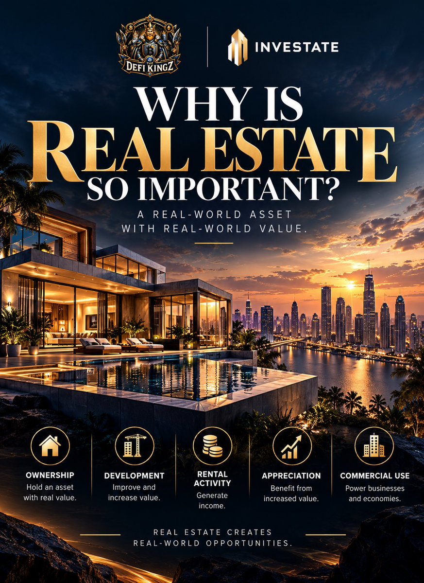 TheRealmOfDefi's tweet photo. WHY IS REAL ESTATE SO IMPORTANT?

Before we talk about Investate, let’s talk about why real estate matters in the first place.

Real estate is one of the world’s major real-world asset classes.

A property isn’t valuable simply because it’s a building.

It can create economic value through:

🏡 Ownership — holding an asset with real-world value.

🏗️ Development — improving land or property and increasing its usefulness and value.

🏠 Rental activity — generating income from people using the property.

📈 Appreciation — benefiting from an increase in property value over time.

🏢 Commercial use — generating value through offices, retail spaces, hospitality, warehouses and other businesses.

So there’s a simple reason people have always been interested in real estate:

It is connected to something tangible and useful in the real world.

But there’s a catch.

For many people, participating in real estate isn’t as simple as finding a property they like.

You may need significant capital.

You may be limited by geography.

You may not have access to opportunities in other markets.

And traditional property ownership can come with additional barriers around access, management and participation.

So we arrive at a bigger question:

If real estate creates so much real-world value, why should access to those opportunities be limited by borders, capital and traditional processes?

This is where Investate enters the picture.

Investate connects real-world real estate with Web3 technology, exploring concepts such as RWA tokenization, global property opportunities and a more accessible way to participate in real-world assets.

The idea is simple:

Don’t change the value of the real estate.

Change how people can access and participate in the opportunities surrounding it.

That means looking beyond:

“Can I buy an entire property?”

and starting to ask:

“How can technology make participation in real-world property opportunities more accessible?”

That’s the conversation Investate is bringing into the DeFi Kingz ecosystem.

And this is only the beginning.

Next: What exactly does Investate bring to real estate?